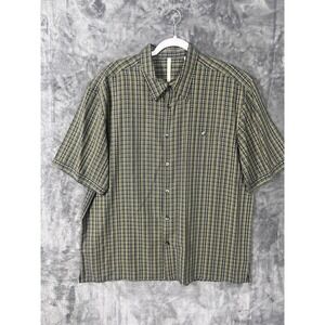 Axis Mens XL Short Sleeve Button Down Shirt Blue Yellow Plaid Modal Rayon Blend